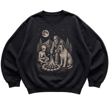 Black Mastiff Camping with Bigfoot and Alien shirt laid flat