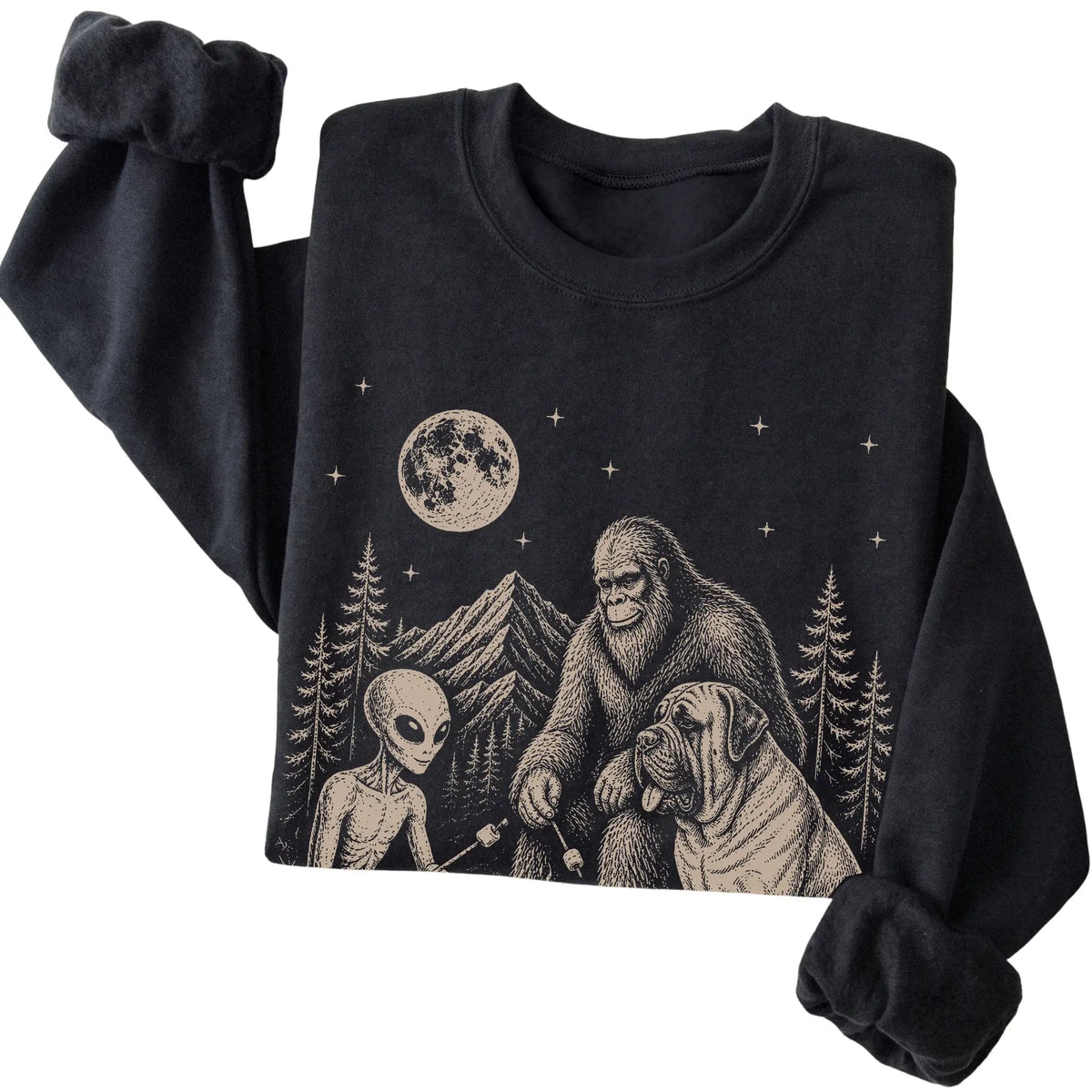 Black Mastiff Camping with Bigfoot and Alien folded detail view
