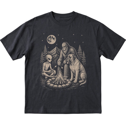 Black Mastiff Camping with Bigfoot and Alien shirt laid flat