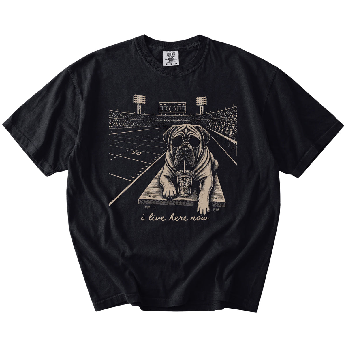 Mastiff ready for football and tailgate season on a Black Comfort Colors® T-shirt