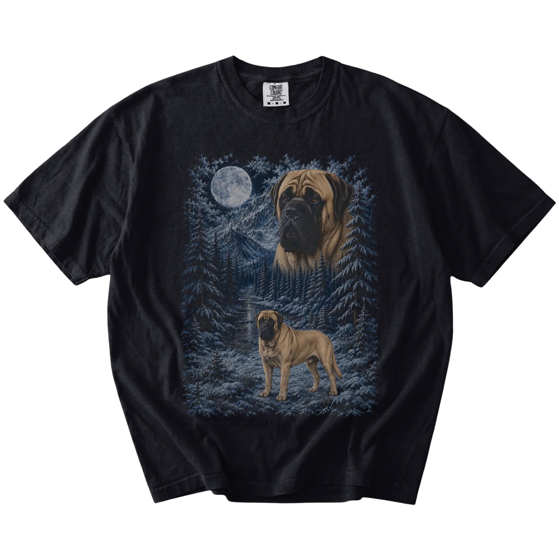 Mastiff in a snowy winter forest on a Black t-shirt