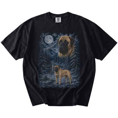 Mastiff in a snowy winter forest on a Black t-shirt