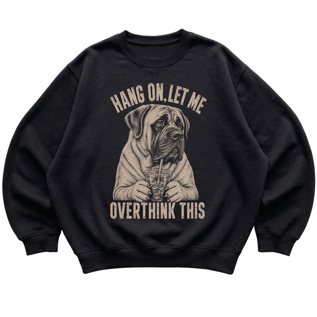 Black crewneck sweatshirt featuring Overthinking Mastiff, laid-flat presentation