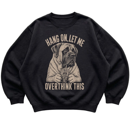 Black crewneck sweatshirt featuring Overthinking Mastiff, laid-flat presentation