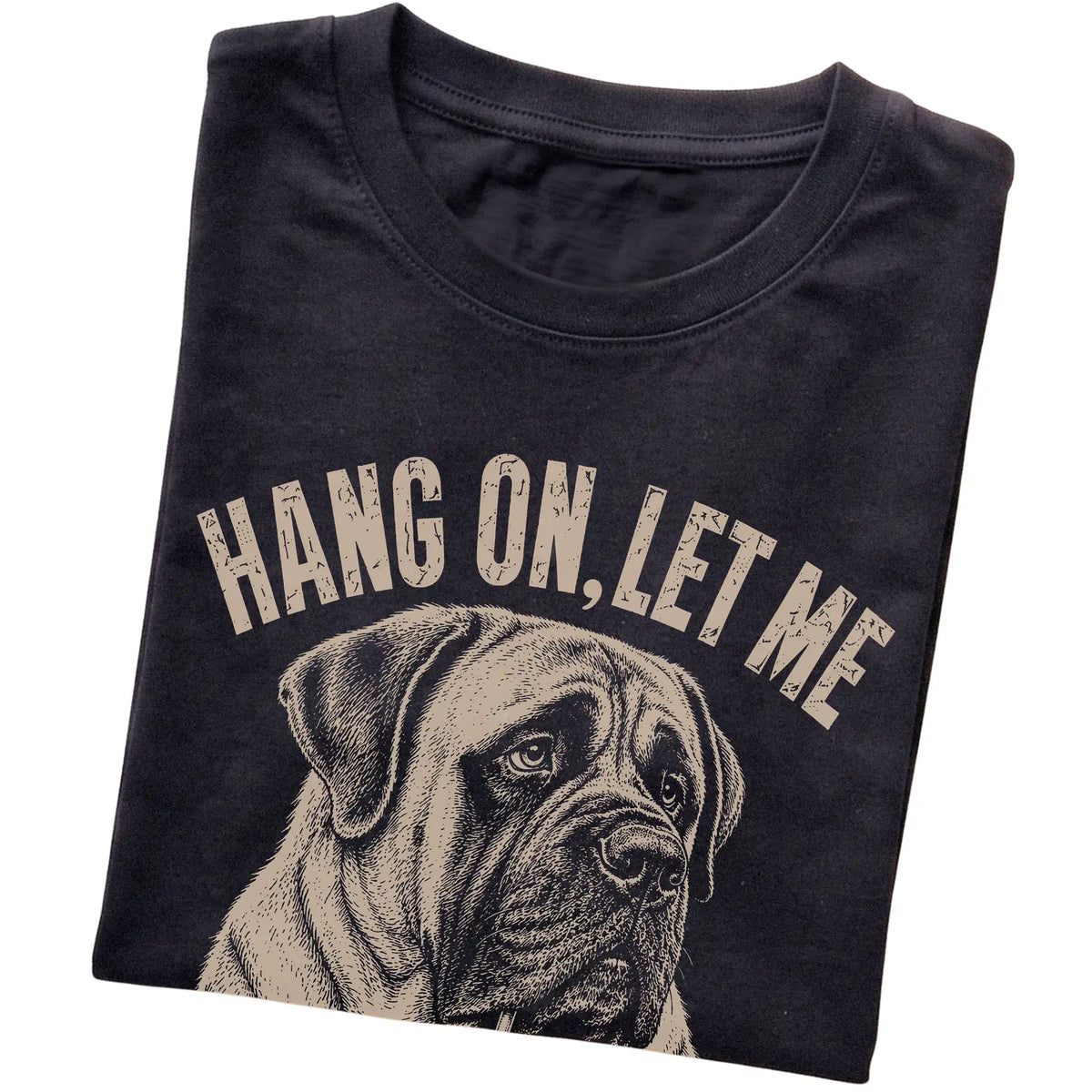 Black T-shirt featuring Overthinking Mastiff, folded presentation