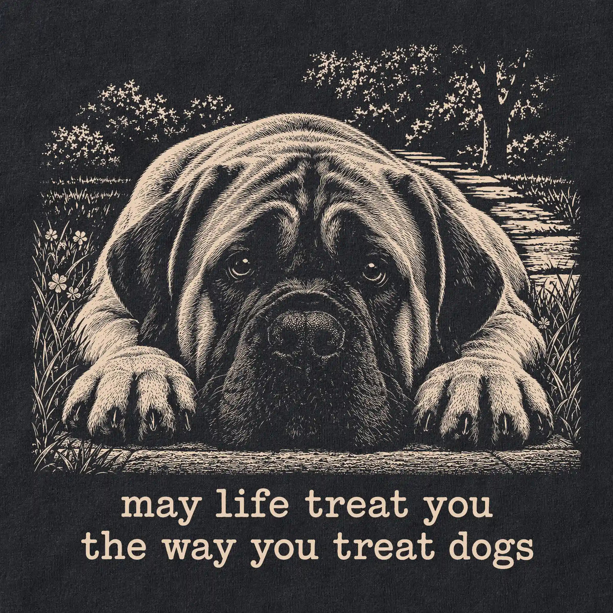 Mastiff Karma Softstyle T-shirt in Black — Design Detail
