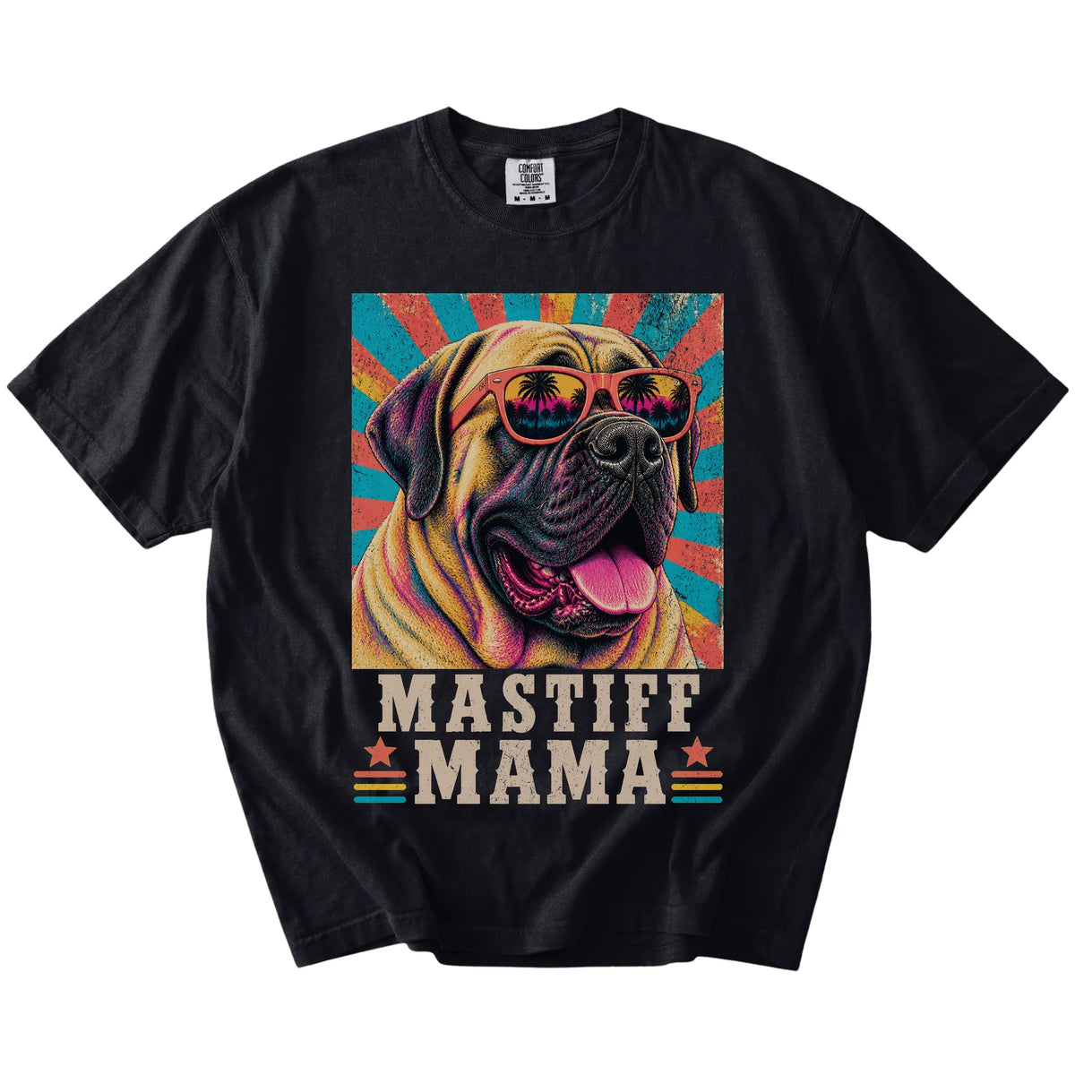 Retro Mastiff Mama design on a Black Comfort Colors T-shirt