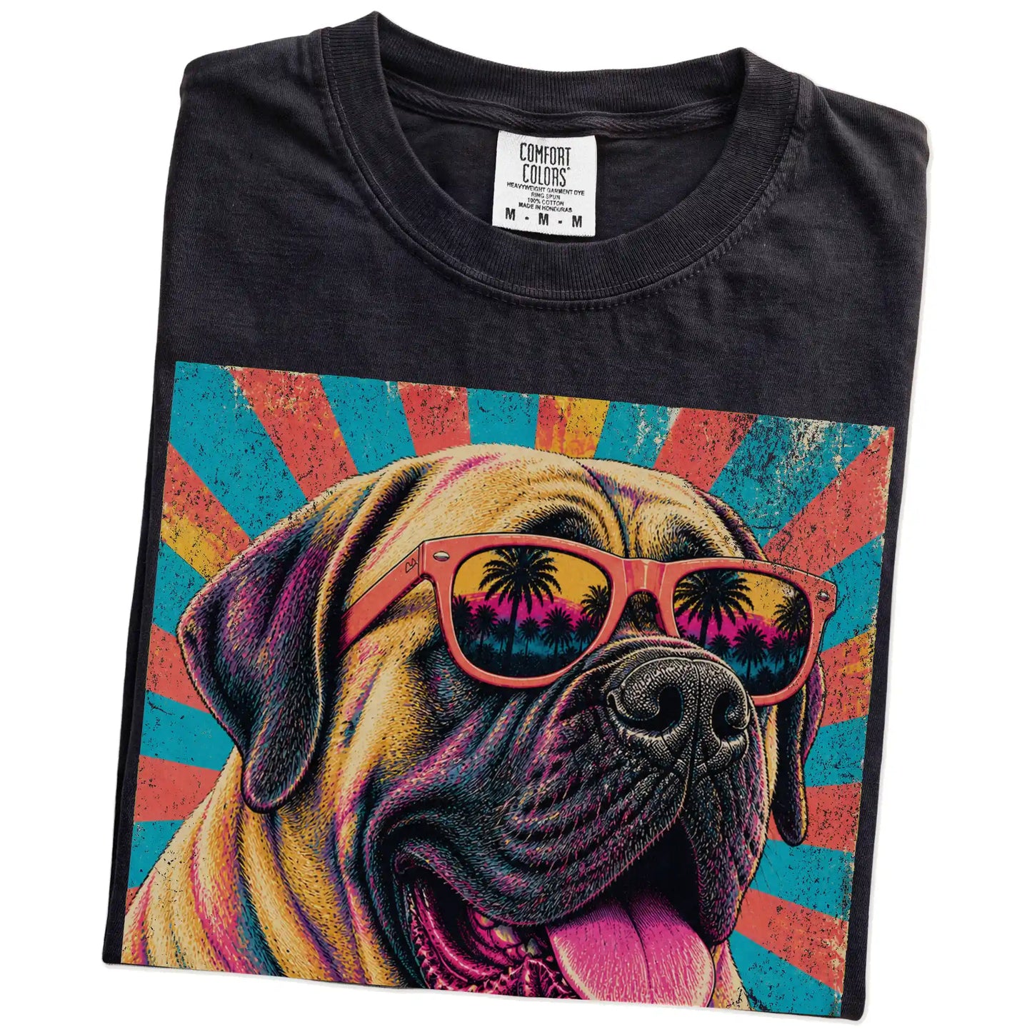 Retro Mastiff Mama design on a Black Comfort Colors T-shirt folded detail