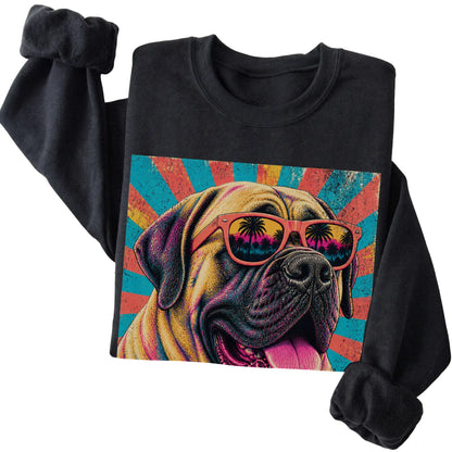Folded Black crewneck sweatshirt with a Retro Mastiff Mama design