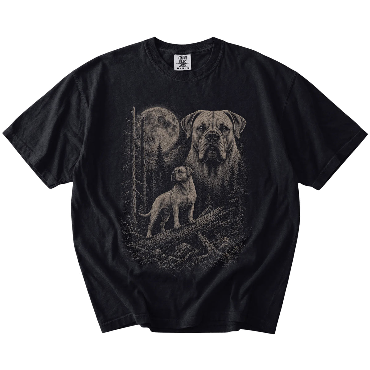 Black Mastiff Moonlit Forest T-Shirt laid flat