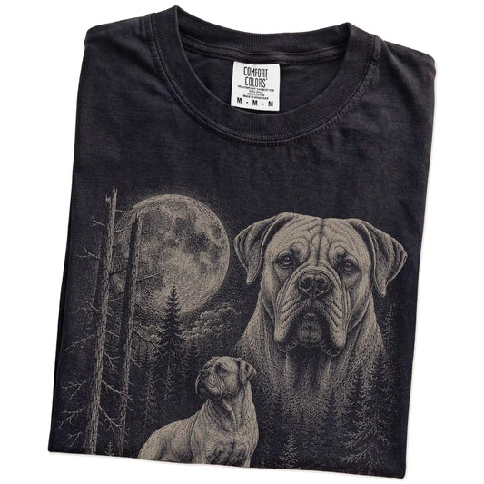 Folded Black Mastiff Moonlit Forest T-Shirt showing the graphic