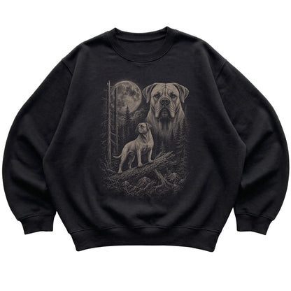 Mastiff Moonlit Forest graphic on a black crewneck sweatshirt laid flat