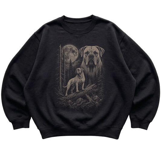 Mastiff Moonlit Forest graphic on a black crewneck sweatshirt laid flat