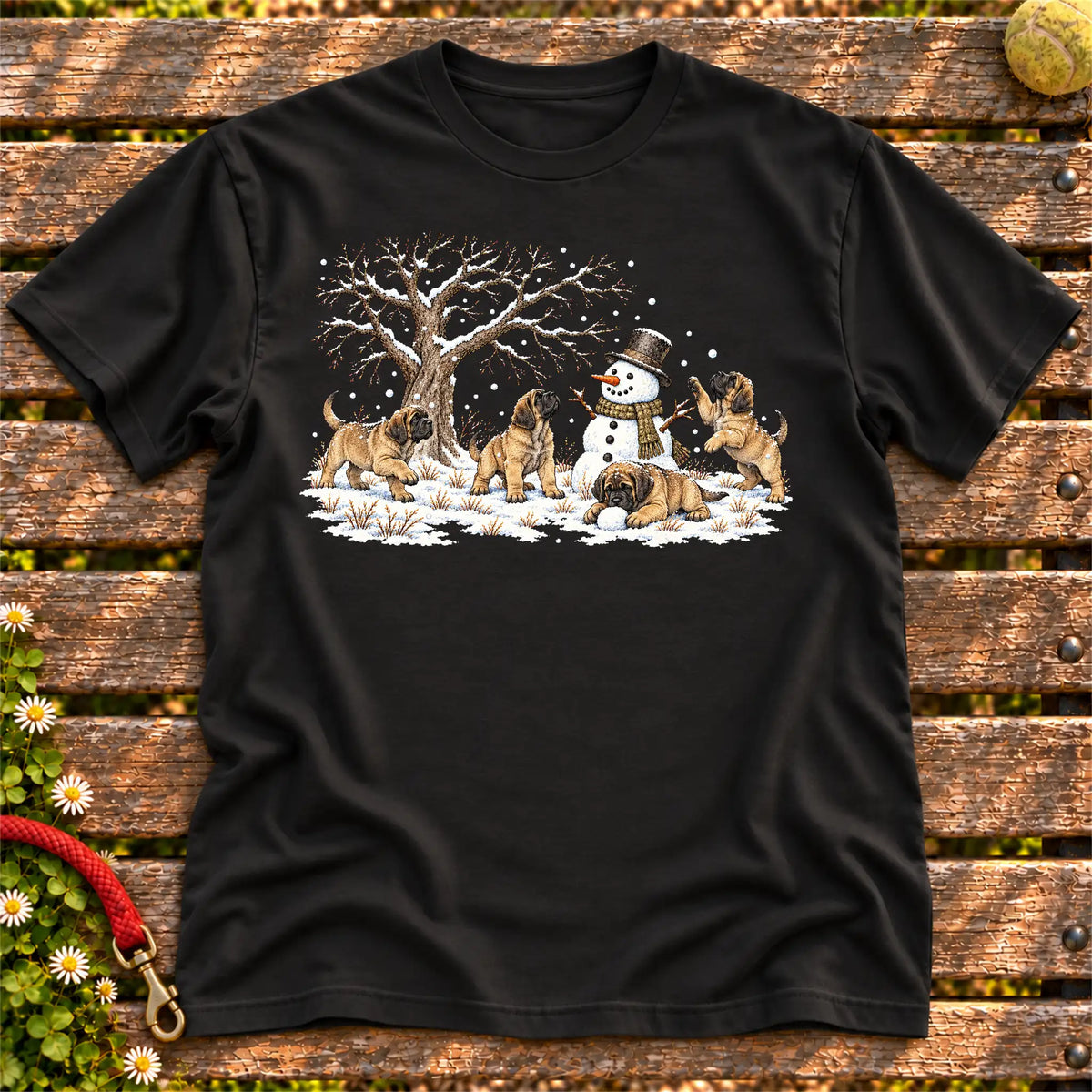 Mastiff puppies playing in snow with a snowman on a Black T-shirt
