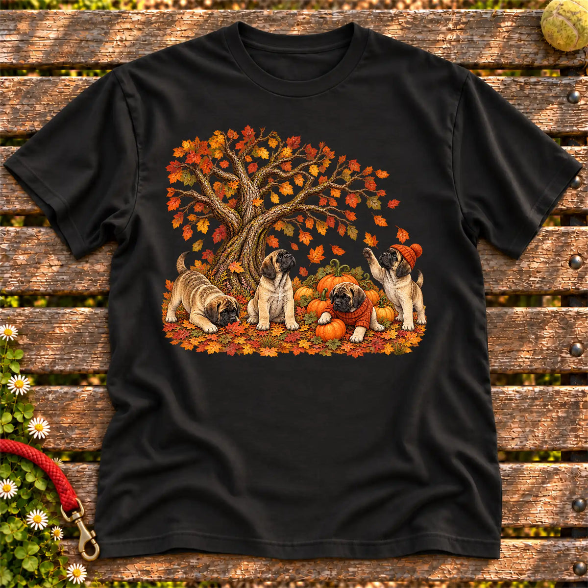 Four Mastiff puppies with pumpkins beneath an autumn tree on a Black softstyle T-shirt