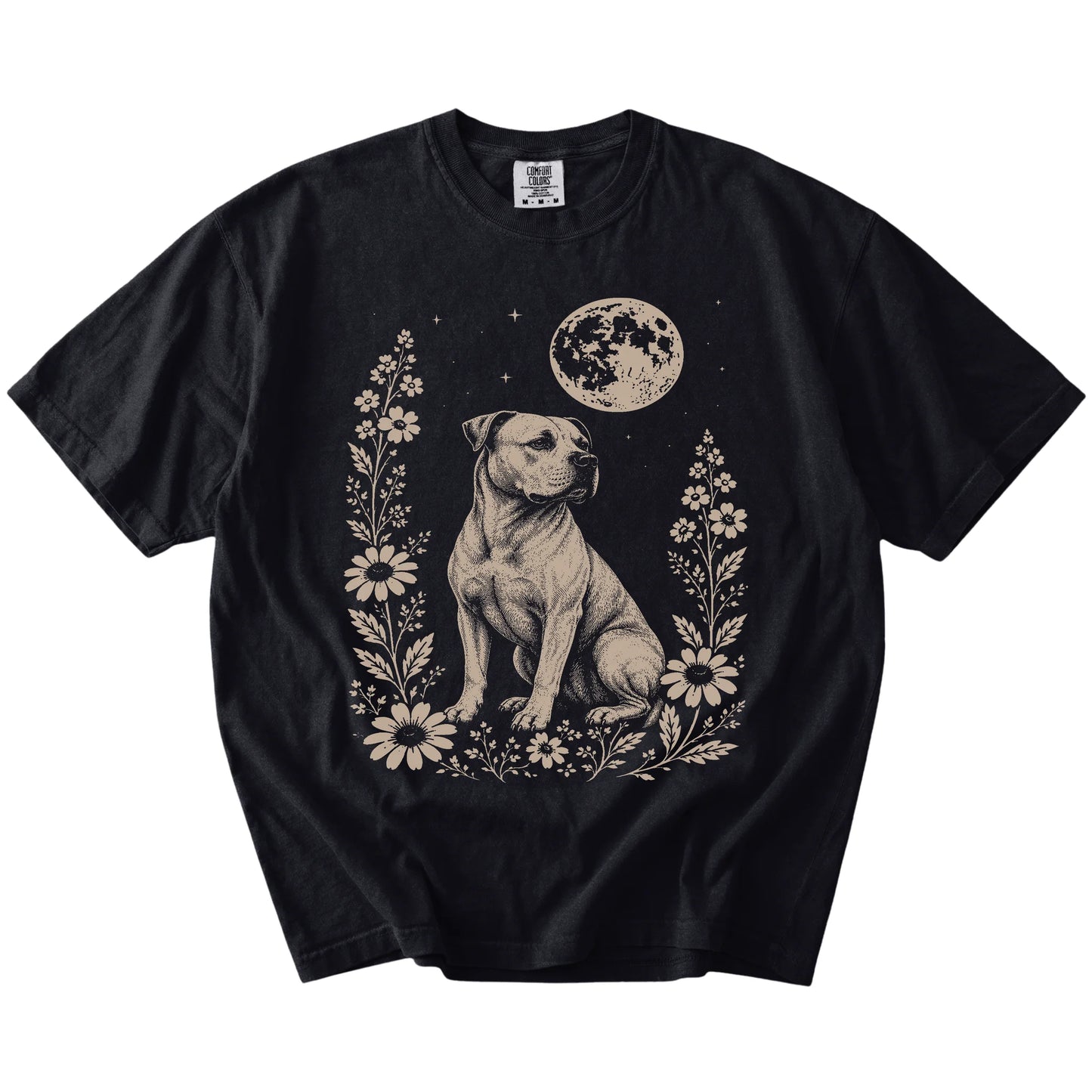 American Bulldog framed by flowers beneath the moon on a Black Comfort Colors® T-shirt