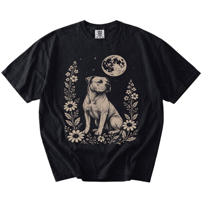 American Bulldog framed by flowers beneath the moon on a Black Comfort Colors® T-shirt