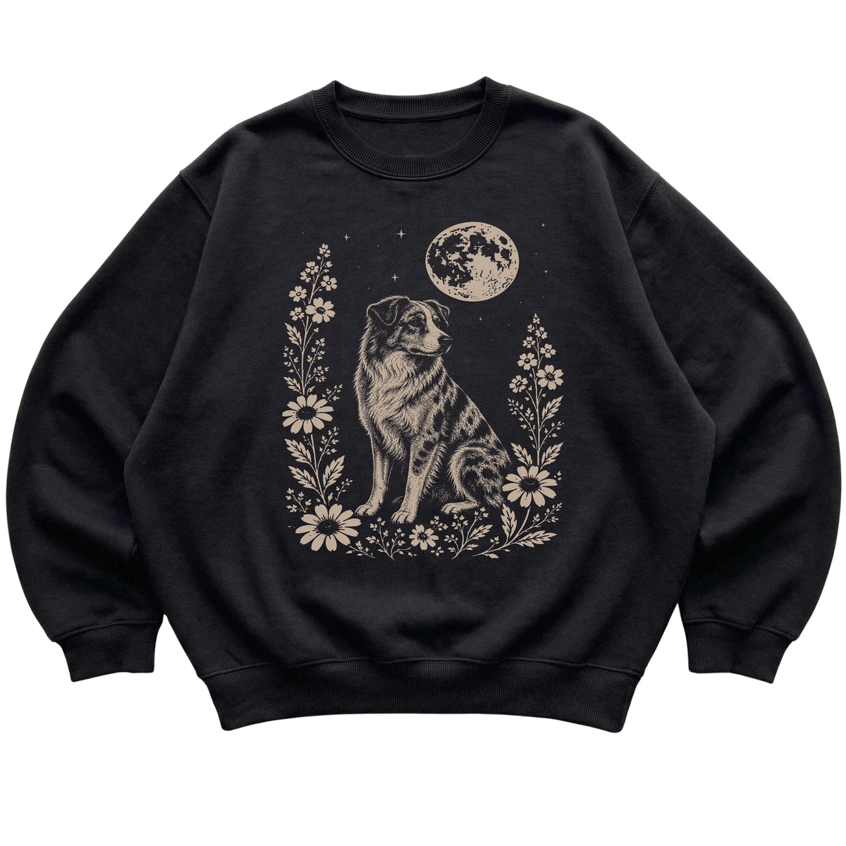 Black Moon Flowers Australian Shepherd sweatshirt, flat view