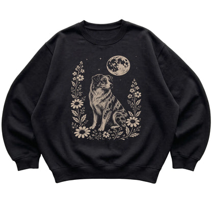 Black Moon Flowers Australian Shepherd sweatshirt, flat view