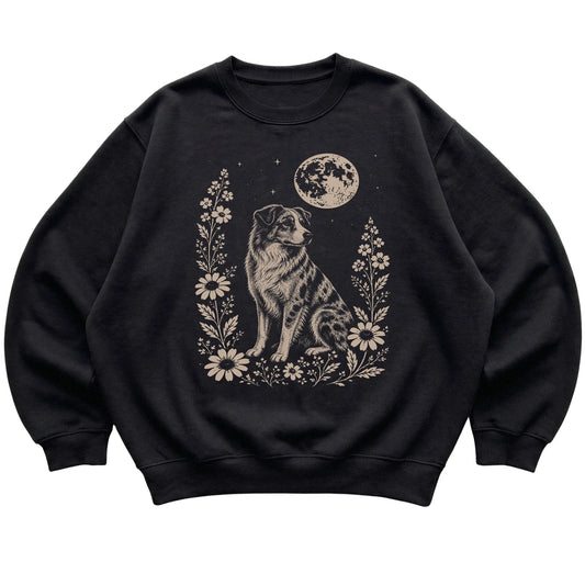 Black Moon Flowers Australian Shepherd sweatshirt, flat view
