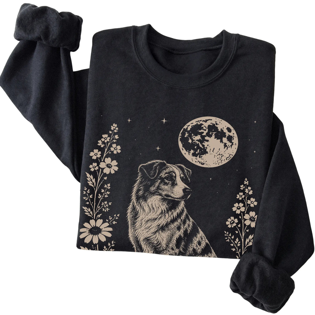 Black Moon Flowers Australian Shepherd sweatshirt, folded view