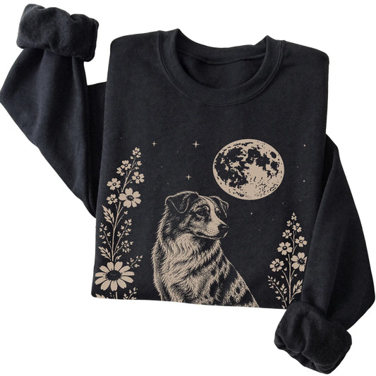 Black Moon Flowers Australian Shepherd sweatshirt, folded view