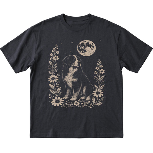 Black Moon Flowers Bernese Mountain Dog T-shirt, flat view