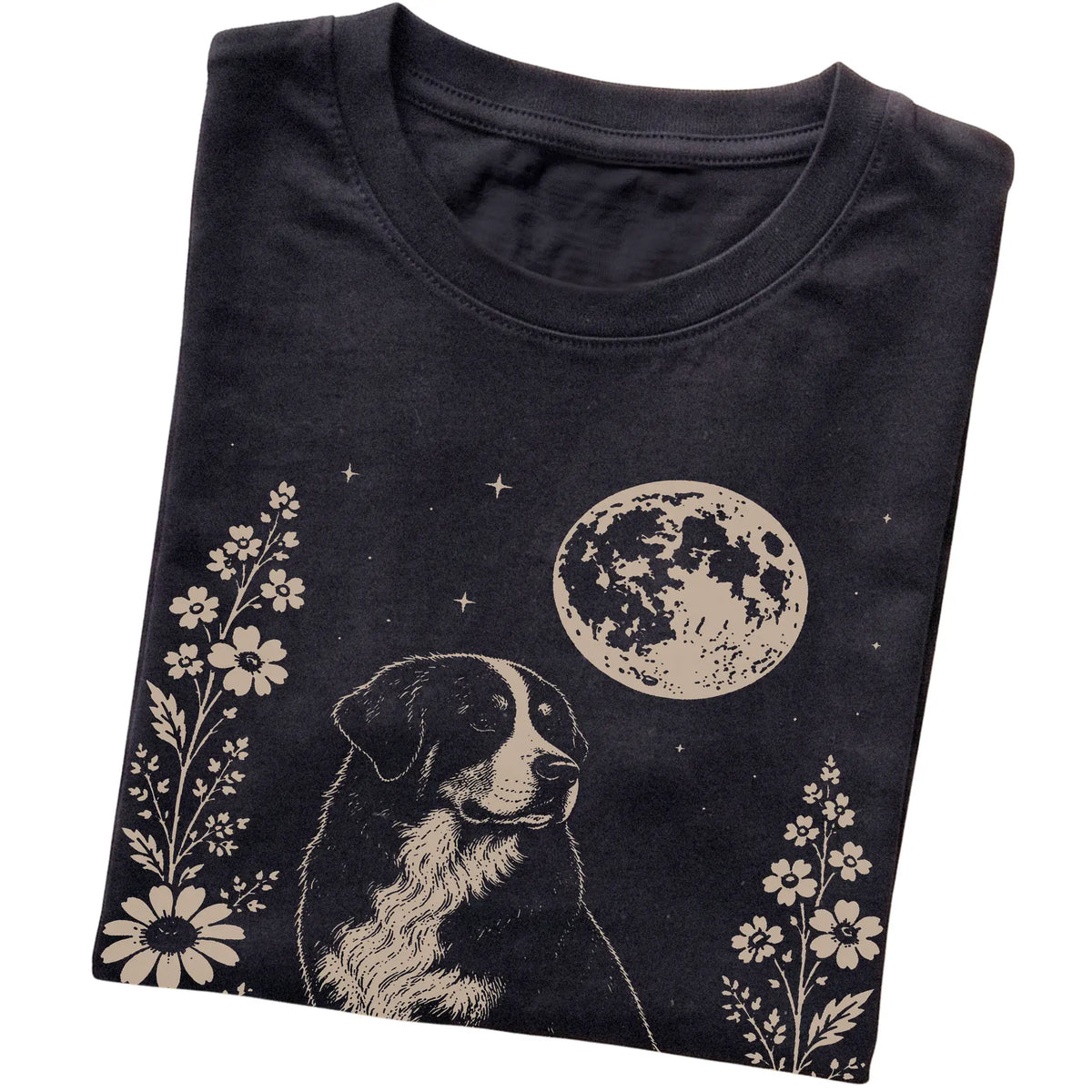 Black Moon Flowers Bernese Mountain Dog T-shirt, folded view