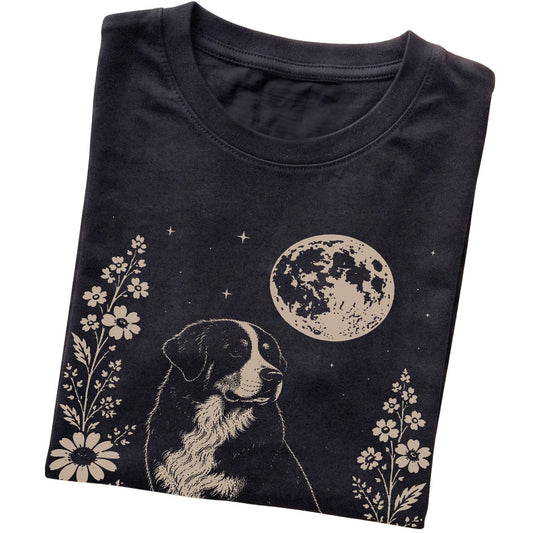 Black Moon Flowers Bernese Mountain Dog T-shirt, folded view