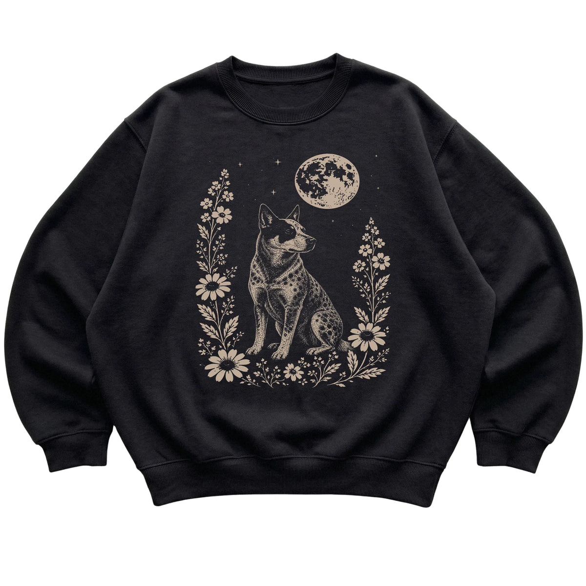 Black Moon Flowers Blue Heeler sweatshirt, flat view