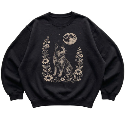 Black Moon Flowers Blue Heeler sweatshirt, flat view