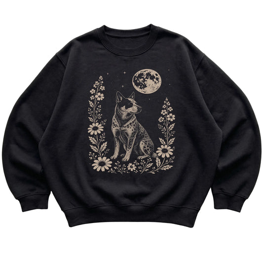 Black Moon Flowers Blue Heeler sweatshirt, flat view