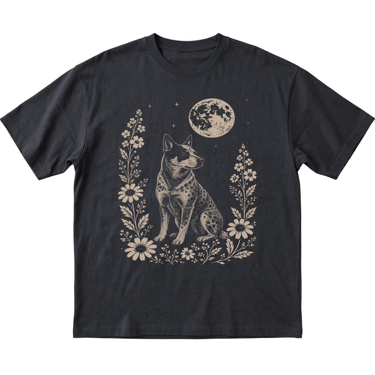 Black Moon Flowers Blue Heeler T-shirt, flat view