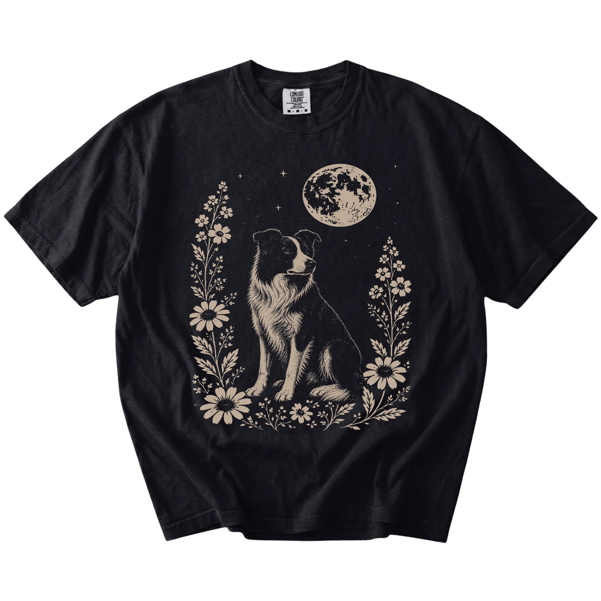 Border Collie framed by flowers beneath the moon on a Black Comfort Colors® T-shirt