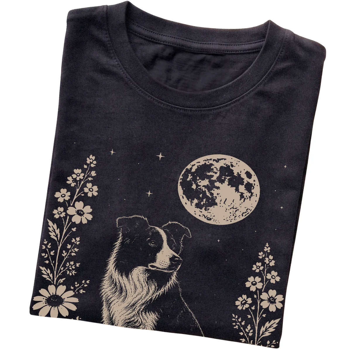 Black Moon Flowers Border Collie T-shirt, folded view