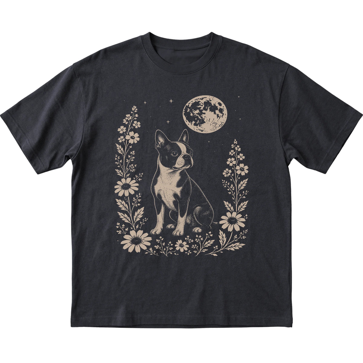 Black Moon Flowers Boston Terrier T-shirt, flat view