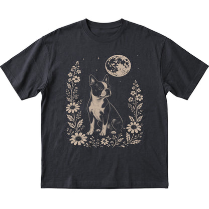 Black Moon Flowers Boston Terrier T-shirt, flat view