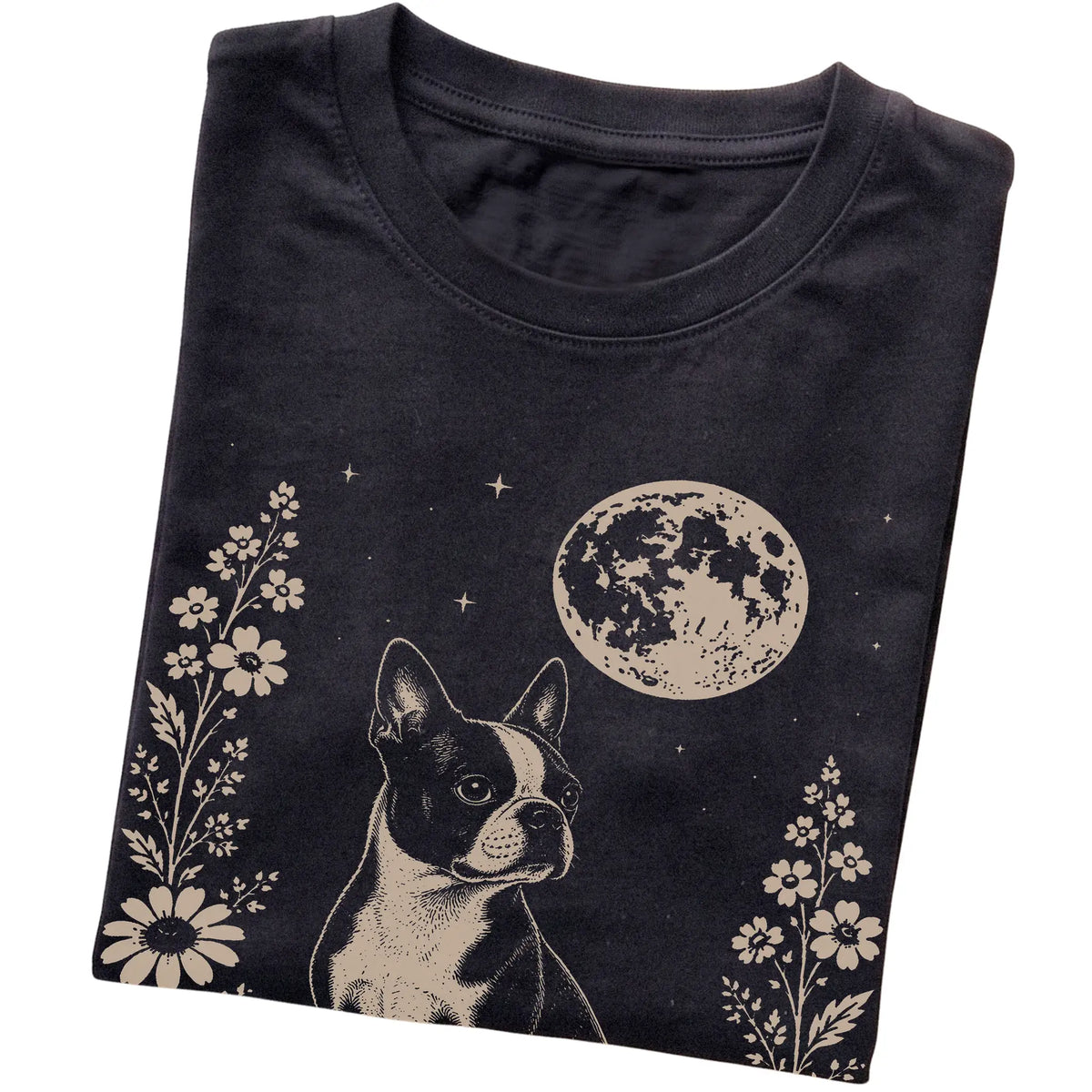 Black Moon Flowers Boston Terrier T-shirt, folded view