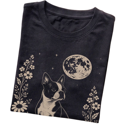 Black Moon Flowers Boston Terrier T-shirt, folded view
