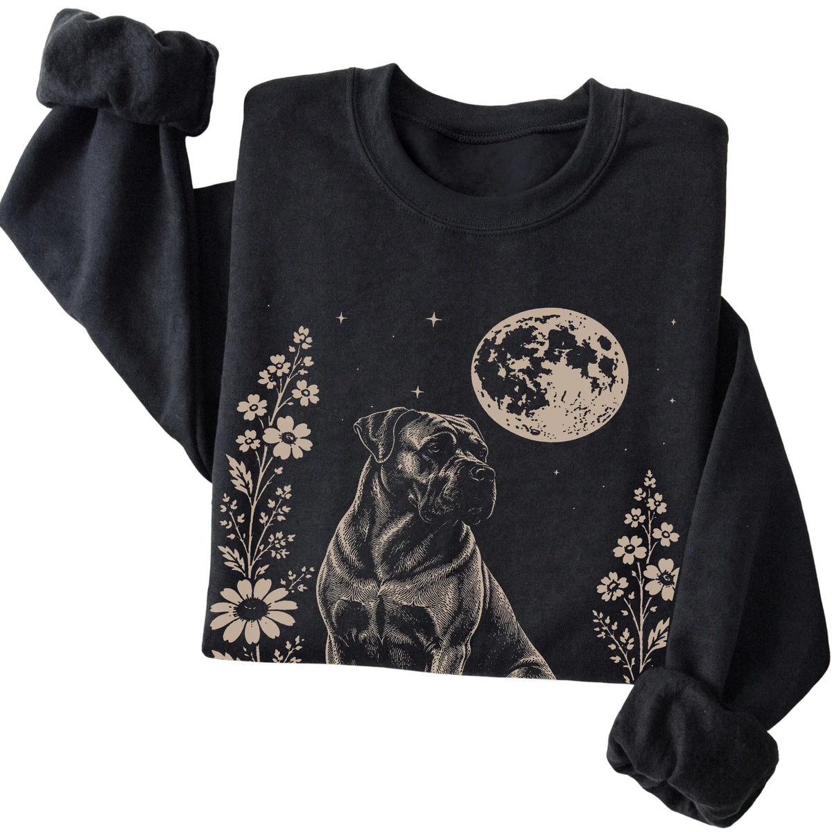 Black Moon Flowers Cane Corso sweatshirt, folded view