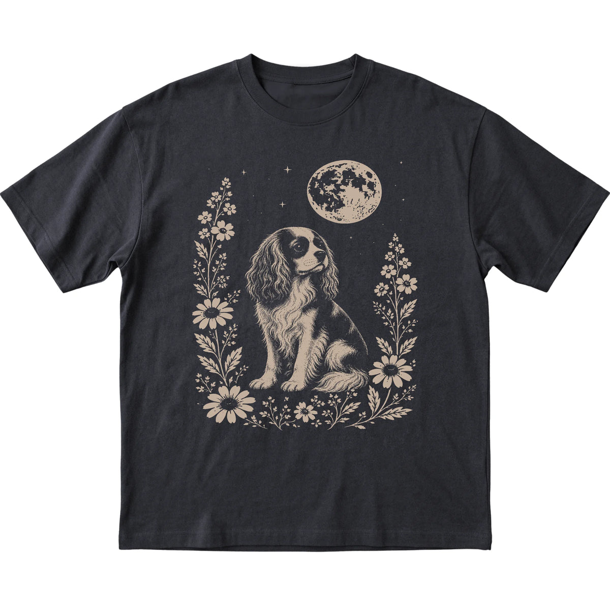Black Moon Flowers Cavalier King Charles Spaniel T-shirt, flat view