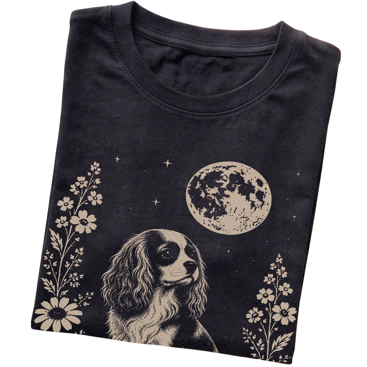 Black Moon Flowers Cavalier King Charles Spaniel T-shirt, folded view