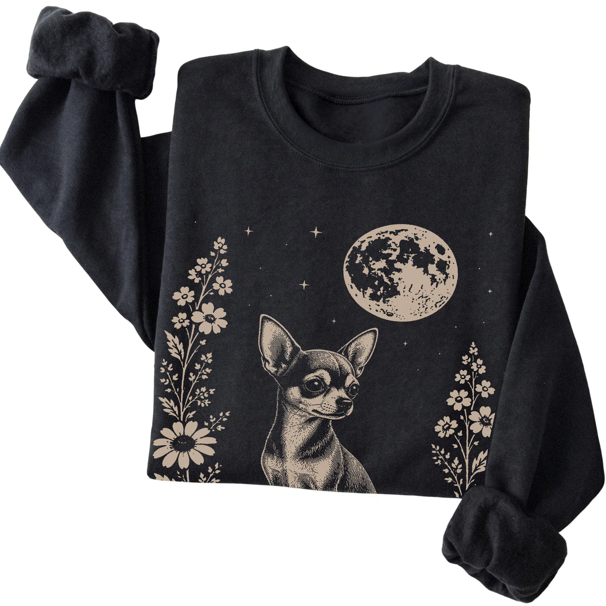 Black Moon Flowers Chihuahua sweatshirt, folded view