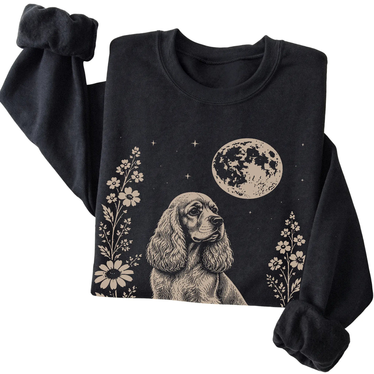 Black Moon Flowers Cocker Spaniel sweatshirt, folded view