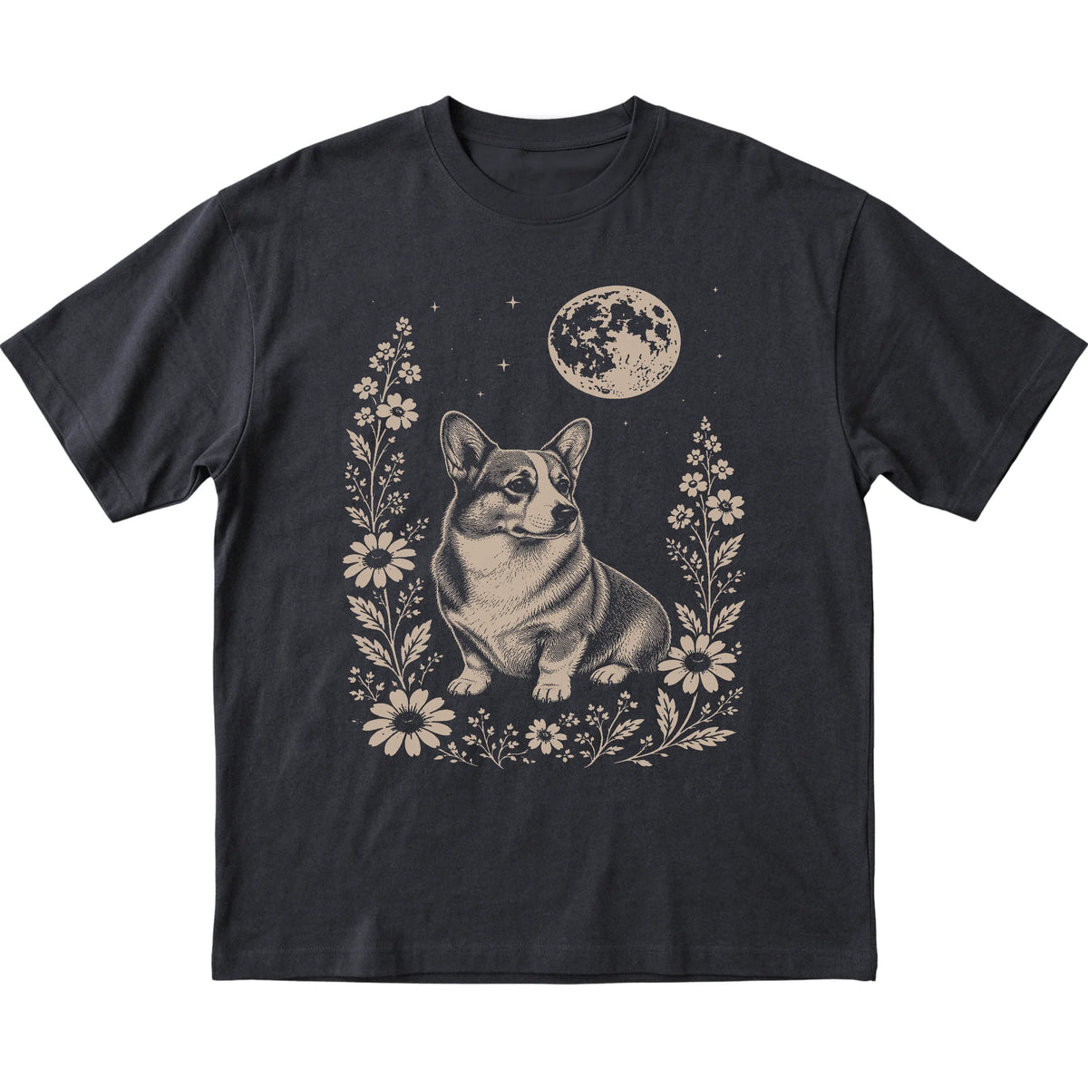 Black Moon Flowers Corgi T-shirt, flat view