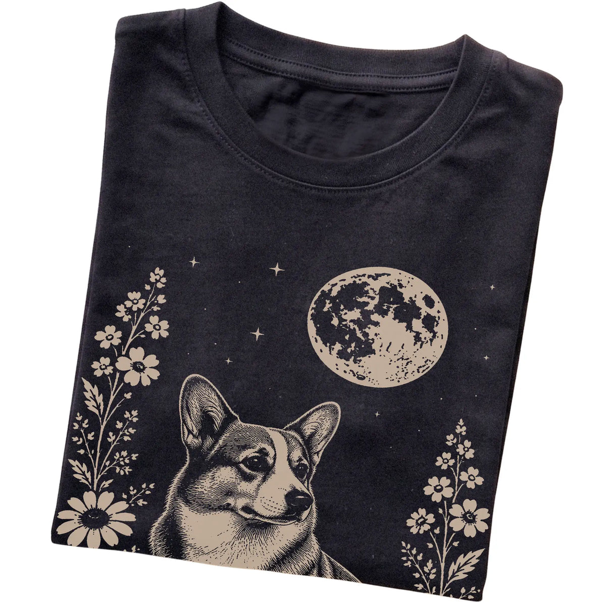Black Moon Flowers Corgi T-shirt, folded view