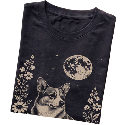 Black Moon Flowers Corgi T-shirt, folded view