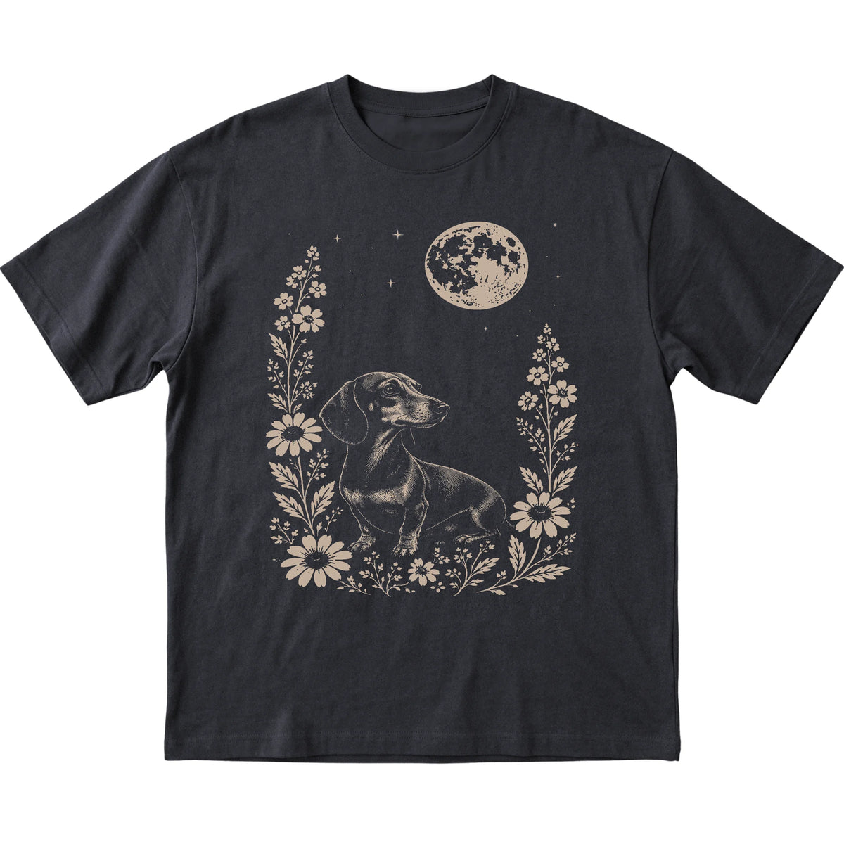 Black Moon Flowers Dachshund T-shirt, flat view