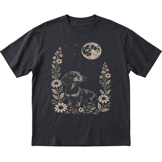 Black Moon Flowers Dachshund T-shirt, flat view