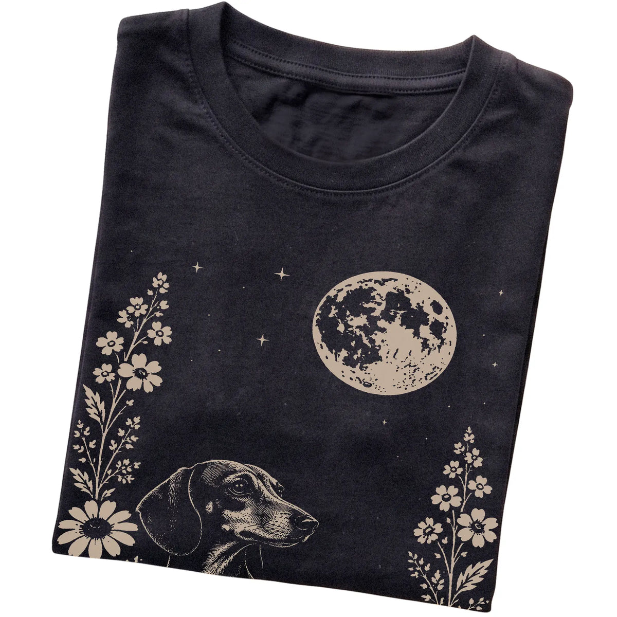Black Moon Flowers Dachshund T-shirt, folded view
